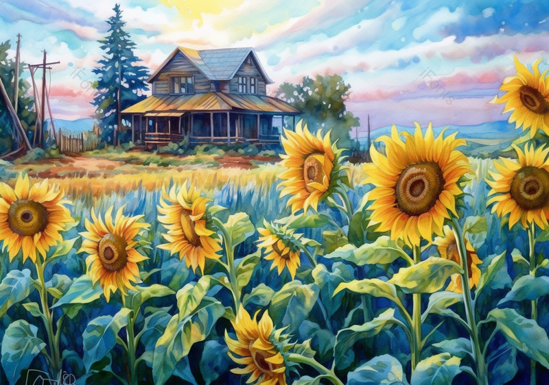 农村绿色向日葵花田盛开远处矗立着木头田园风格木屋,插画/手绘图,插画/手绘图库,插画/手绘图下载,插画/手绘